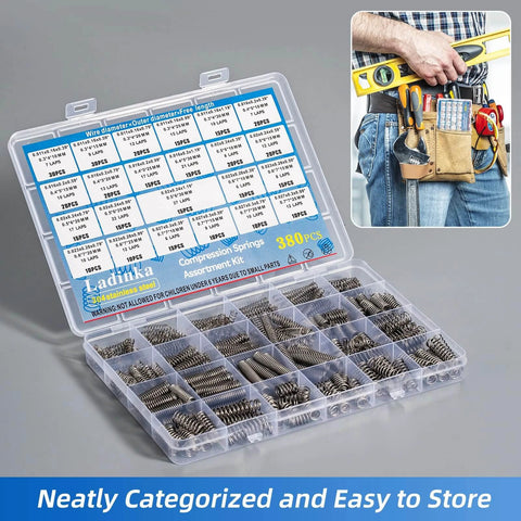 380-piece compression spring assortment kit with neatly organized compartments and utility belt for easy storage and categorization
