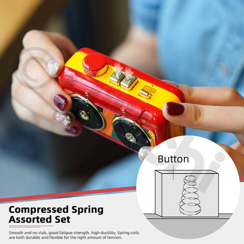 Person holding a red and yellow gadget with a detailed inset of a compressed spring, labeled 'Button' and 'Compressed Spring Assorted Set'.