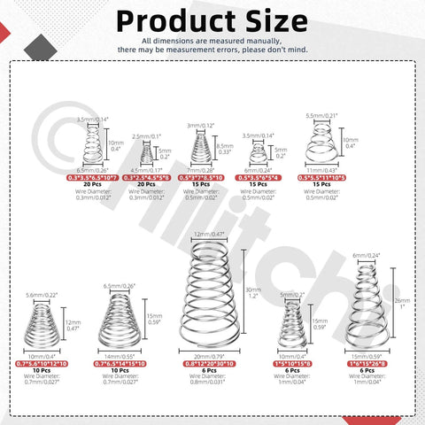 Diagram showing spring sizes in 149 Piece Stainless Steel Spring Assortment Kit With 15 Sizes Of Compression And Extension Springs