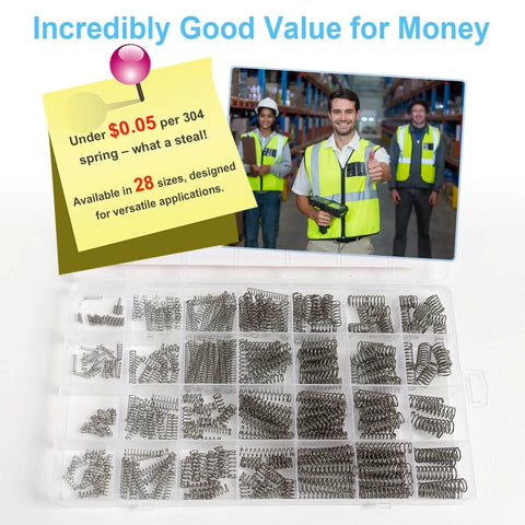 Assorted spring set in open box with workers in warehouse, text highlighting low cost and versatility