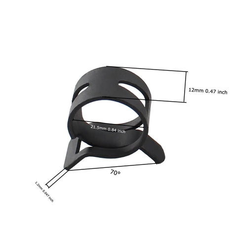 Close-up of 16 Pcs 22mm Spring Band Type Hose Clamp, 12mm wide, 65MN steel, for 23 to 24.5mm OD hose, showing measurements and design