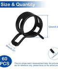 Sixty Piece Spring Band Hose Clamp Set With 12mm Inner Diameter And 0.47 Inch Range For Fuel Line Water Pipe And Air Tube Applications Made From High Quality 65MN Spring Steel With Dacromet Coating For Corrosion Resistance, close-up of a single 12mm black clamp with measurements.