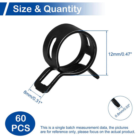 Sixty Piece Spring Band Hose Clamp Set With 12mm Inner Diameter And 0.47 Inch Range For Fuel Line Water Pipe And Air Tube Applications Made From High Quality 65MN Spring Steel With Dacromet Coating For Corrosion Resistance, close-up of a single 12mm black clamp with measurements.