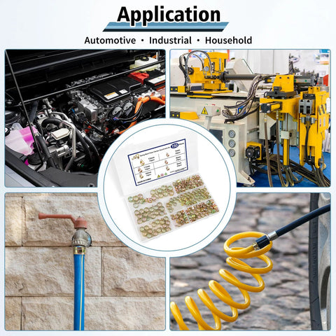 150Pcs Spring Band Hose Clamps Assortment Kit For Fuel Lines And Silicone Vacuum Hoses With Organized Storage Case Including Six Sizes 7mm 8mm 9mm 10mm 11mm And 12mm For Quick Size Selection And Reliable Low Pressure Air And Automotive Repairs applications shown in automotive, industrial, and household settings.