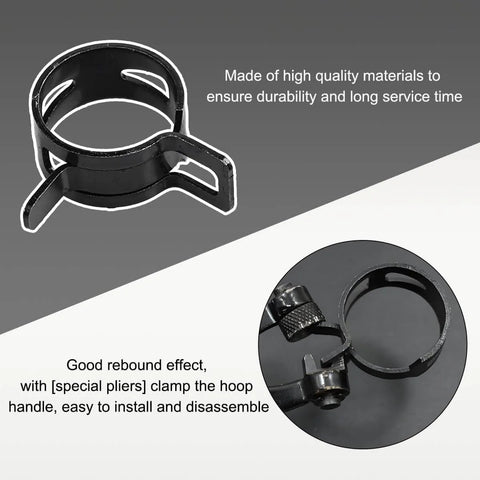 20 Pack 1/2 Inch ID Spring Band Hose Clamps, 12mm manganese steel low pressure clips shown with pliers for installation.
