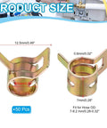Product size diagram of spring band hose clamps, 12.5mm wide, for 7-8.2 mm OD hoses, corrosion-resistant 65Mn steel, 50 pack.