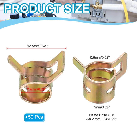 Product size diagram of spring band hose clamps, 12.5mm wide, for 7-8.2 mm OD hoses, corrosion-resistant 65Mn steel, 50 pack.