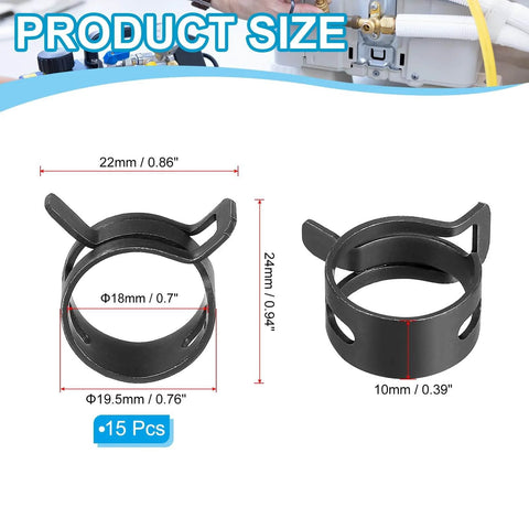 Spring Band Hose Clamps For 18 To 20 Mm Hose OD 15 Pack Corrosion Resistant 65Mn Steel Zinc Plated Vacuum Constant Tension Clips For Fuel Line Air Hose Silicone Vacuum Tubing Water Pipe Black shown with size dimensions