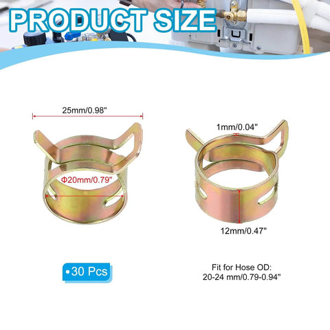 Spring Band Hose Clamps For 20 To 24 Millimeter Hose OD Pack Of 30 Vacuum Constant Tension Clips For Fuel Line Air Hose Water Pipe Gold Finish Corrosion Resistant 65Mn Steel