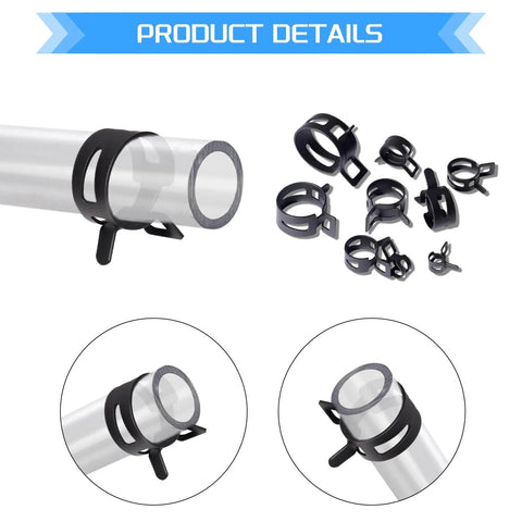JTAREA Spring Band Hose Clamps Assortment Kit 80 Pieces In 10 Sizes 5mm 6mm 7mm 8mm 9mm 10mm 11mm 14mm 15mm 16mm High Hardness 65Mn Manganese Steel Corrosion Resistant For Secure Pipe Sealing And Easy Press Fit With Pliers shown on pipes
