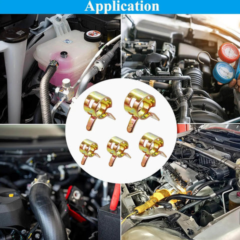150 Pcs Spring Band Hose Clamps Assortment Kit With Five Sizes 6Mm 7Mm 8Mm 9Mm And 10Mm shown in automotive applications