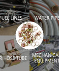 20 Piece One Quarter Inch Spring Band Fuel Hose Clamps Silicone Vacuum Water Pipe Clip Fasteners For Six Point Five To Seven Point One Millimeter Outer Diameter Hoses Openable Pliers Style Tube Clamps For Automotive And DIY Use on display with various application uses like fuel lines, water pipes, air hose tubes, and mechanical equipment.