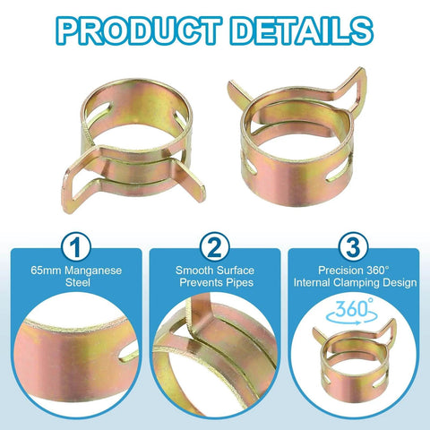 Spring Band Hose Clamps For 20 To 24 Millimeter Hose OD Pack Of 30 Vacuum Constant Tension Clips Gold Finish