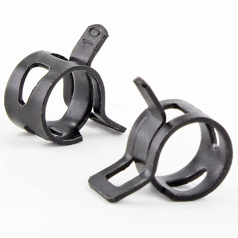 Fifty Pcs Three Eighths Inch Spring Band Hose Clamps 10mm Inner Diameter Fits 10.5 To 11.2mm Hose Outer Diameter 65Mn Manganese Steel Rust Resistant Quick Acting Clip for Fuel Lines Silicone Hoses and Water Pipes shown in close-up.