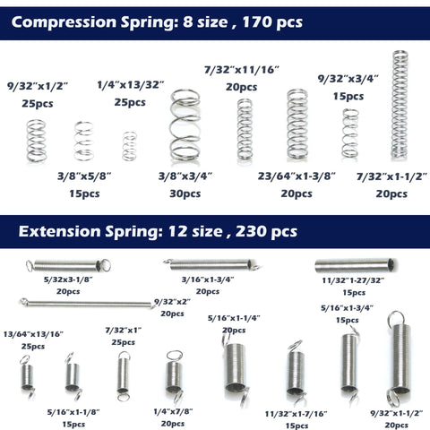 Spring Bundle Kit With 400 Pieces Across 20 Sizes Of Compression And Extension Springs Zinc Plated Steel