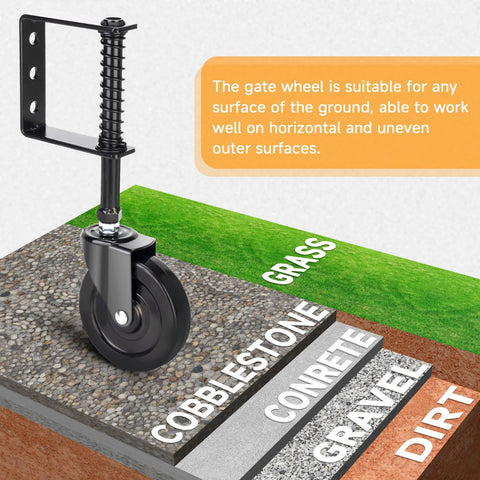 4 Inch Heavy Duty Gate Wheel With Spring Loaded Caster For Uneven Ground Outdoor Gate Helper For Wooden And PVC Fences 360 Degree Swivel Gate Caster Kit 220 Lbs Capacity 2 Pack For Farm Use installed on cobblestone