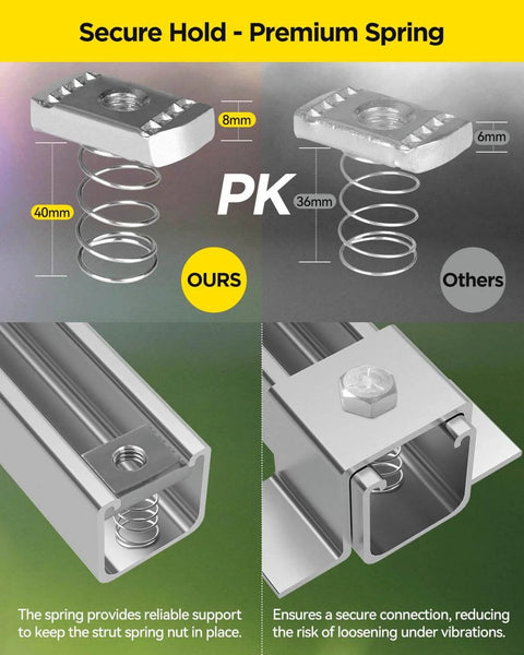 Heavy-duty 3/8 x 15/16 inch spring channel nut and bolt set for 1-5/8 inch strut channel; side and close-up views of spring mechanism.