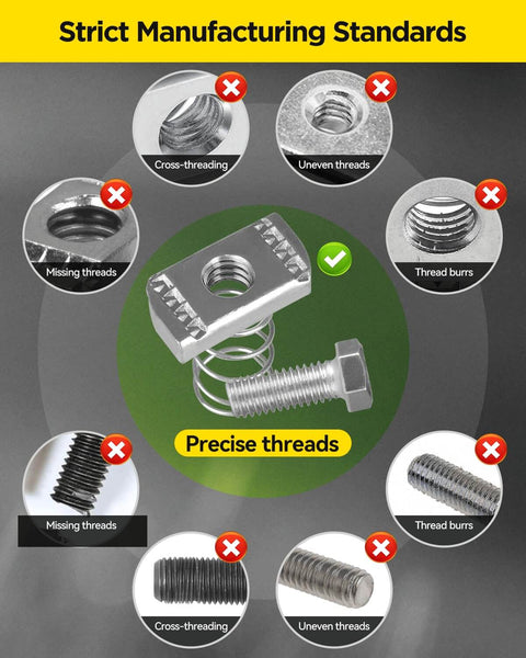 Visual comparison of heavy-duty 3/8 x 15/16 inch spring channel nut and bolt set with precise threads and thickened galvanized plating.
