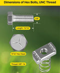 Heavy-duty 3/8 x 15/16 inch spring channel nut and bolt set for 1-5/8 inch strut channel, with dimensions and threading details