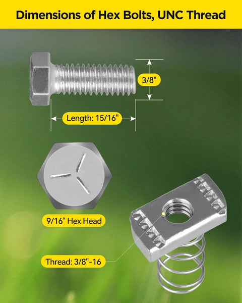 Heavy-duty 3/8 x 15/16 inch spring channel nut and bolt set for 1-5/8 inch strut channel, with dimensions and threading details