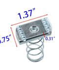One Quarter Inch Twenty Thread Spring Channel Nut With Zinc Electroplate Finish Long Spring Nut For Unistrut Channels Delivers Secure Fastening, Corrosion Resistant Performance, And Easy Installation Pack Of Ten viewed from the side showing spring and metal nut.