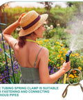 Woman watering garden with hose; inset of Heavy Duty Fuel Line Hose Clip Set, 20 Pieces, 32mm ID, 36mm OD, 2mm Wire, 65Mn Spring Steel Clamps For Air Hoses, Water Lines, Motorcycle, Scooter, ATV Tubing, Gold Finish, Easy Grip, Secure Seal displayed.
