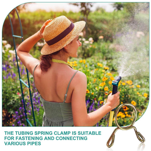 Woman watering garden with hose; inset of Heavy Duty Fuel Line Hose Clip Set, 20 Pieces, 32mm ID, 36mm OD, 2mm Wire, 65Mn Spring Steel Clamps For Air Hoses, Water Lines, Motorcycle, Scooter, ATV Tubing, Gold Finish, Easy Grip, Secure Seal displayed.