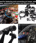 120 Piece Hose Clamp Kit With 7 To 22 Millimeter Black Spring Band Clamps, Swivel Flat Clamp Plier Set, and engine installation view