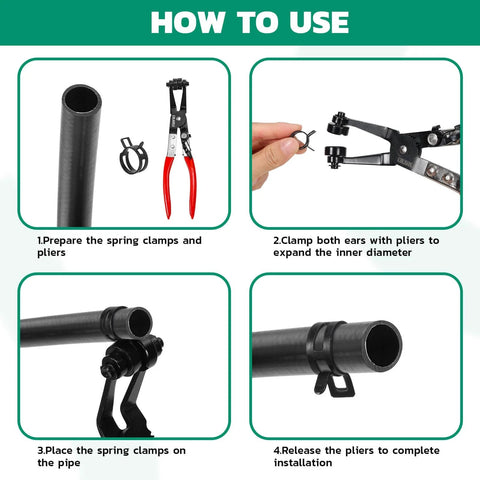 Instructions for using 365 Piece Spring Hose Clamps Kit 6 To 25mm With 45 Degree Plier Constant Tension Clamps for various hoses.