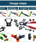 Diagram showing steps for using the Spring Hose Clamps Kit 340 Pieces With Clamp Tool 12 Sizes From 6mm To 22mm For Automotive Marine Gardening And Industrial Applications Includes 340Pcs Clamp Set And Installation Tool with illustrated instructions and images of pliers, hoses, and clamps.