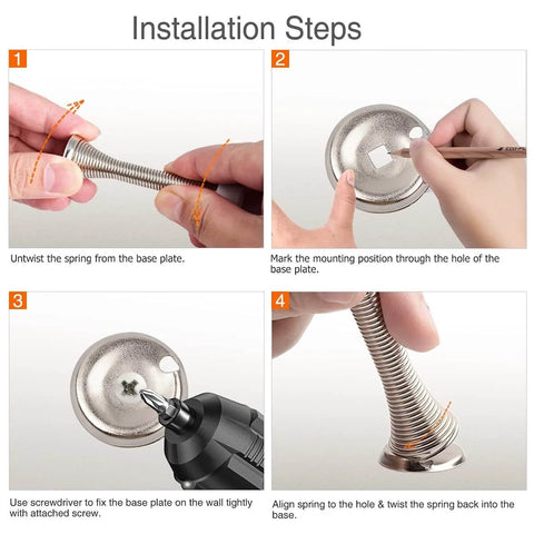 Installation steps for 2 Pack Spring Door Stopper Brushed Satin Nickel with white rubber bumper tips, showing untwisting and mounting guide.