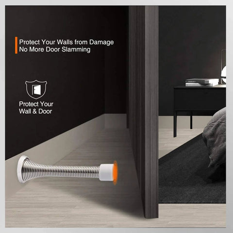 2 Pack Spring Door Stopper Brushed Satin Nickel- 3-1/4" Flexible Spring Door Stops with White Rubber Bumper Tips in use
