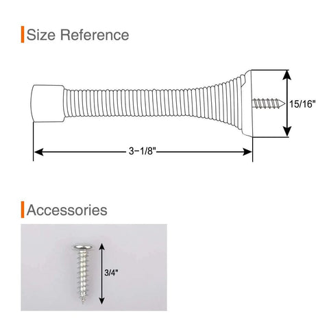 Diagram showing dimensions of 2 Pack Spring Door Stopper Brushed Satin Nickel- 3-1/4" Flexible Spring Door Stops with accessory screw.
