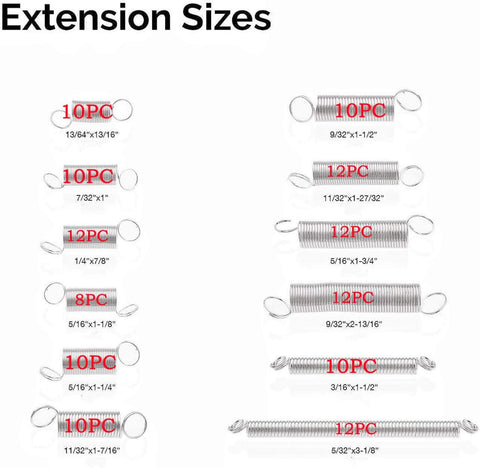 Extension spring sizes for 200 Piece Compression and Extension Spring Kit With Plastic Storage Box, 20 Sizes.