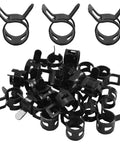 20 pcs 5/16 inch ID spring band type clamps 8mm fuel hose clamps fasteners black spring hose clips for fuel line water pipe and air tube hose high quality tight seal and easy installation kit, shown in a pile with three upright clamps