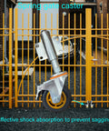 4 Inch Spring Loaded Rubber Gate Wheel With Heavy Duty Swivel Caster And Universal Mount Plate installed on metal gate