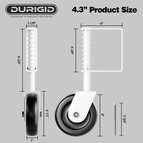 Front and side views of 4.3 Inch Spring Loaded Gate Wheel Caster For Outdoor Gates Heavy Duty Fence Gate Wheel With Shock Absorbing Spring 200 Lbs Capacity Durable PP Wheel For Wooden Gates White 1 Pack showing dimensions.