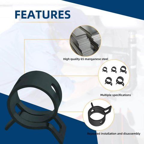 Assorted Spring Hose Clamps Kit 6mm 7mm 9mm 10mm 11mm For Automotive Fuel Air Water Silicone And Vacuum Hoses features overview.