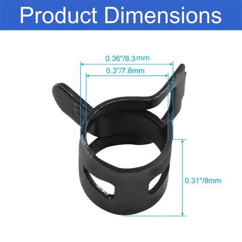 20 Pcs 5/16 Inch ID Spring Band Type Clamps 8mm Fuel Hose Clamps Fasteners Black Spring Hose Clips For Fuel Line Water Pipe And Air Tube Hose High Quality Tight Seal And Easy Installation Kit shown with measurements.