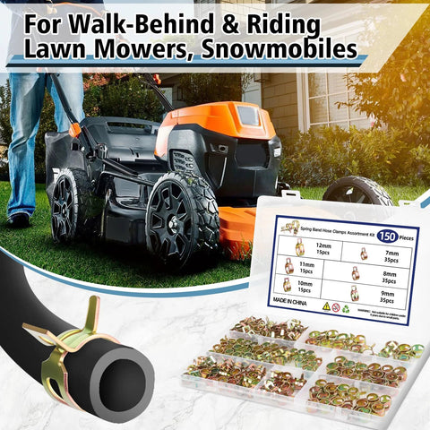150Pcs Spring Band Hose Clamps Assortment Kit For Fuel Lines And Silicone Vacuum Hoses With Organized Storage Case displayed with lawn mower