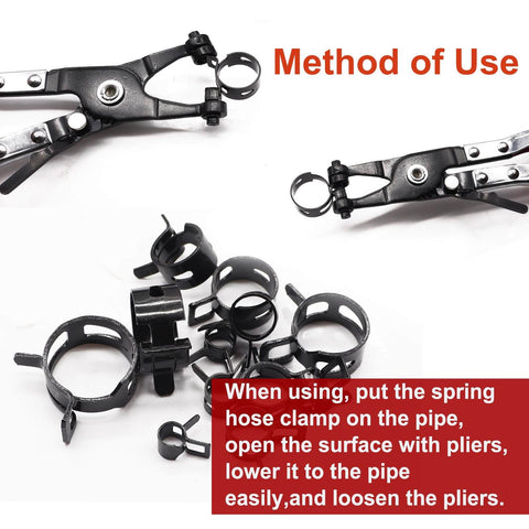 120 Piece Hose Clamp Kit With 7 To 22 Millimeter Black Spring Band Clamps, Swivel Flat Clamp Plier Set shown with clamps