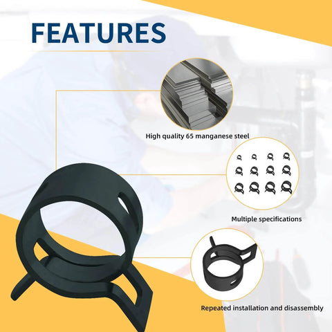 142-Piece Spring Hose Clamps Set For Automotive Projects, 6mm To 20mm Range, showing clamp features and material