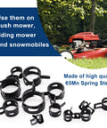Assorted Spring Hose Clamps Kit, 140 Pcs, 6 To 22 Mm Range, shown with lawnmower, made of 65Mn Spring Steel Clips.