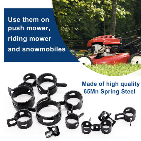 Assorted Spring Hose Clamps Kit, 140 Pcs, 6 To 22 Mm Range, shown with lawnmower, made of 65Mn Spring Steel Clips.