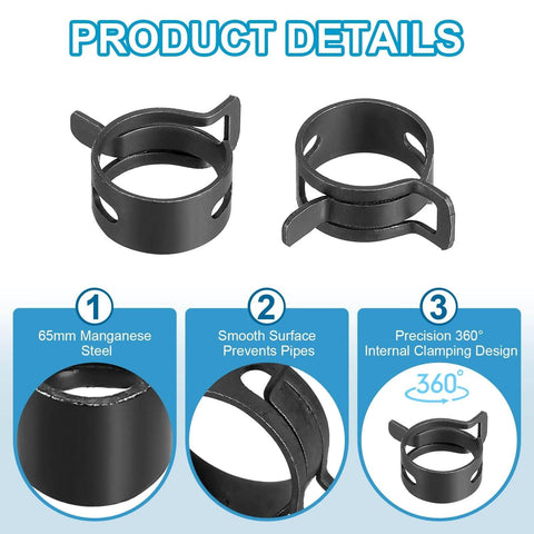 Spring Band Hose Clamps For 18 To 20 Mm Hose OD 15 Pack Corrosion Resistant 65Mn Steel Zinc Plated Vacuum Constant Tension Clips