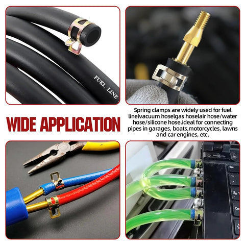 90Pcs 6 To 16 Millimeter Spring Band Hose Clamps Assortment Kit Galvanized Carbon Steel Vacuum Hose Clips Constant Tension Clamps For Vacuum Hoses Fuel Lines And Silicone Hoses Durable Corrosion Resistant Under Hood Automotive Grade Construction shown in use on various hoses and connectors.