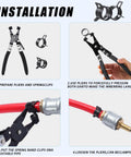 Installation guide for 90Pcs 6-25mm Spring Hose Clamps Kit For Auto Gearheads, showing pliers and clamps on fuel line pipe.
