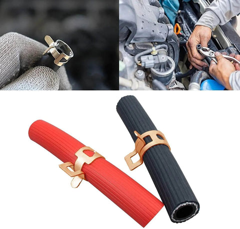 50 Piece 13mm Half Inch Spring Hose Clamps Kit For Low Pressure Air Lines, Reusable Clip Fasteners shown on hoses and engine