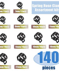 Assorted Spring Hose Clamps Kit, 140 Pcs, 6 To 22 Mm Range, 12 Sizes, Premium 65Mn Spring Steel Clips, Black