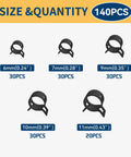 Assorted Spring Hose Clamps Kit 6mm 7mm 9mm 10mm 11mm for automotive fuel air water silicone vacuum hoses, sizes and quantities shown
